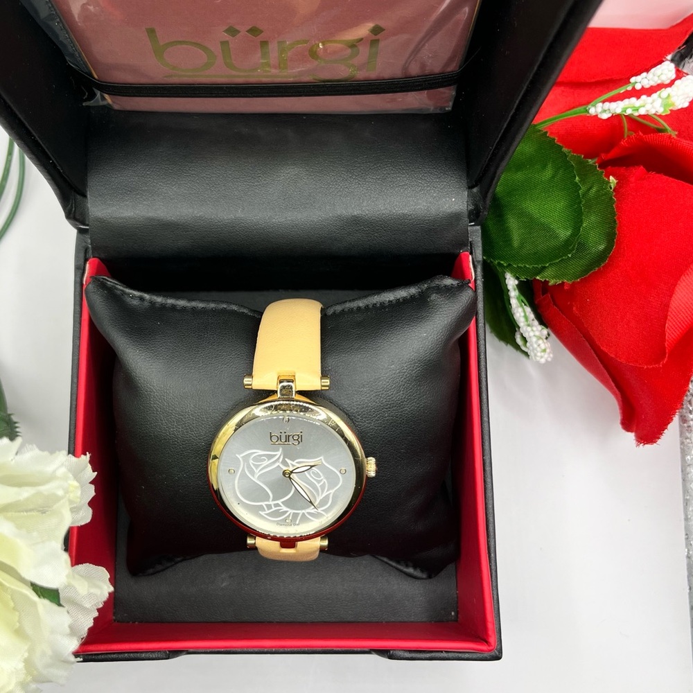 Women's Burgi Flower Engraved Diamond Dial Genuine Leather Strap Watch with box - Picture 4 of 16